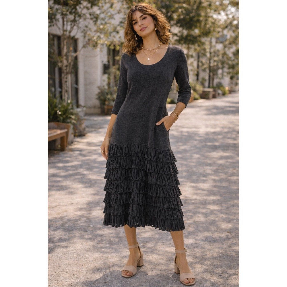 Calvin Klein Womens Charcoal Grey Fringe Tiered Hem Scoop Neck Sweater Dress L